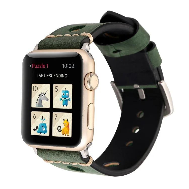 For Apple Watch Series 10 42mm / 9&8&7 41mm / SE 3&SE 2&6&SE&5&4 40mm / 3&2&1 38mm Retro Hole Genuine Leather Wrist Watch Band, For 38mm
