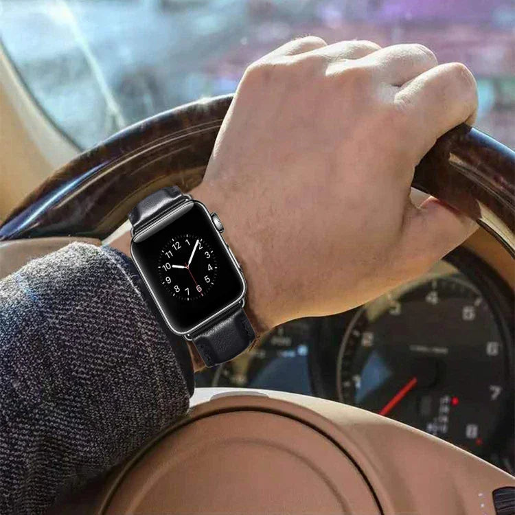 Black Buckle Leather Watch Band For Apple Watch Series 10 42mm / 9&8&7 41mm / SE 3&SE 2&6&SE&5&4 40mm / 3&2&1 38mm, For Apple Watch Series 8&7 41mm / SE 2&6&SE&5&4 40mm / 3&2&1 38mm