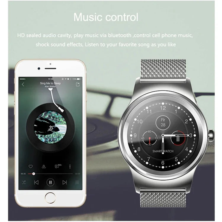 SMA-Round 1.28 inch Color Touch Screen Bluetooth Smart Watch, Waterproof, Support Voice Control / Heart Rate Monitor / Sleep Monitor / Bluetooth Camera, Compatible with Android and iOS System, SMA-Round/Orange Leather Strap, SMA-Round/Silver Leather St...