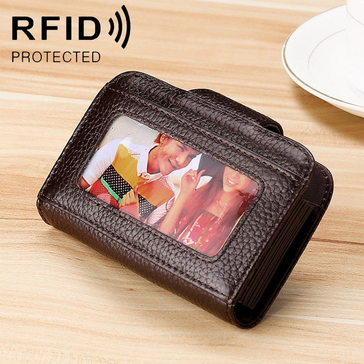 KB188 Horizontal Cowhide Leather Organ Shape Multiple Card Slots Anti-magnetic RFID Wallet for Ladies, with Transparent Window, KB188 Black, KB188 Coffee, KB188 Purple, KB188 Rose Red, KB188 Sapphire Blue