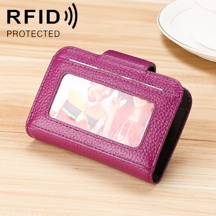 KB188 Horizontal Cowhide Leather Organ Shape Multiple Card Slots Anti-magnetic RFID Wallet for Ladies, with Transparent Window, KB188 Purple, KB188 Rose Red, KB188 Sapphire Blue, KB188 Black, KB188 Coffee