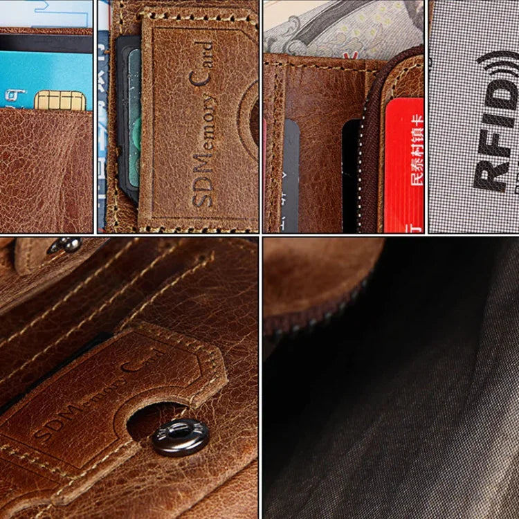 Genuine Cowhide Leather Crazy Horse Texture Zipper 3-folding Short Style Card Holder Wallet RFID Blocking Coin Purse Card Bag Protect Case for Men, Size: 12*9.5*4cm(Taupe), 3585