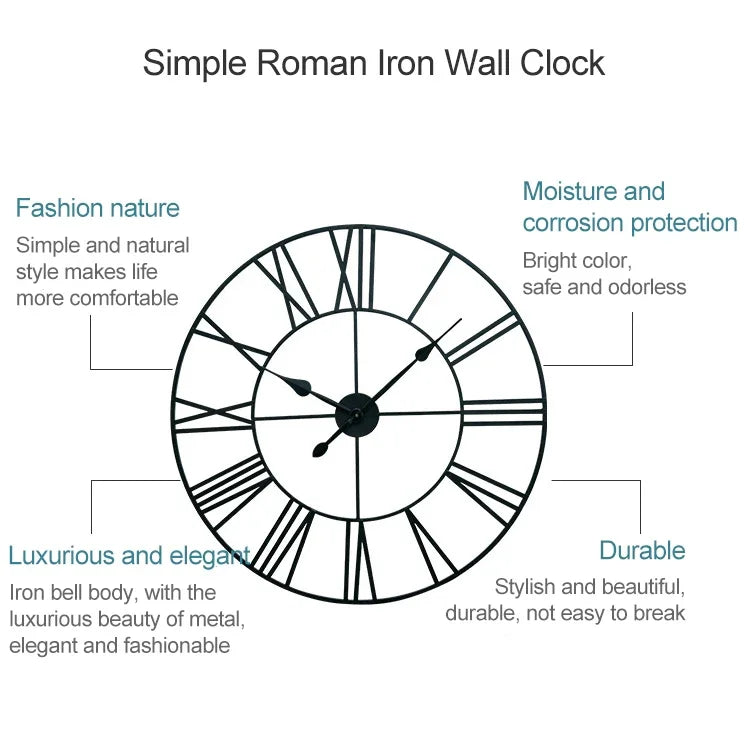 45cm Retro Living Room Iron Round Roman Numeral Mute Decorative Wall Clock, 45cm