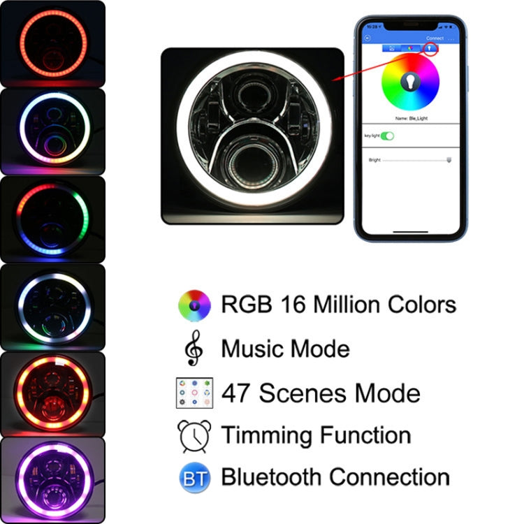 2 PCS 7 inch DC12V 6000K-6500K 50W Car LED Headlight Cree Lamp Beads for Jeep Wrangler / Harley, Support APP + Bluetooth Control, DC12V 6000K-6500K