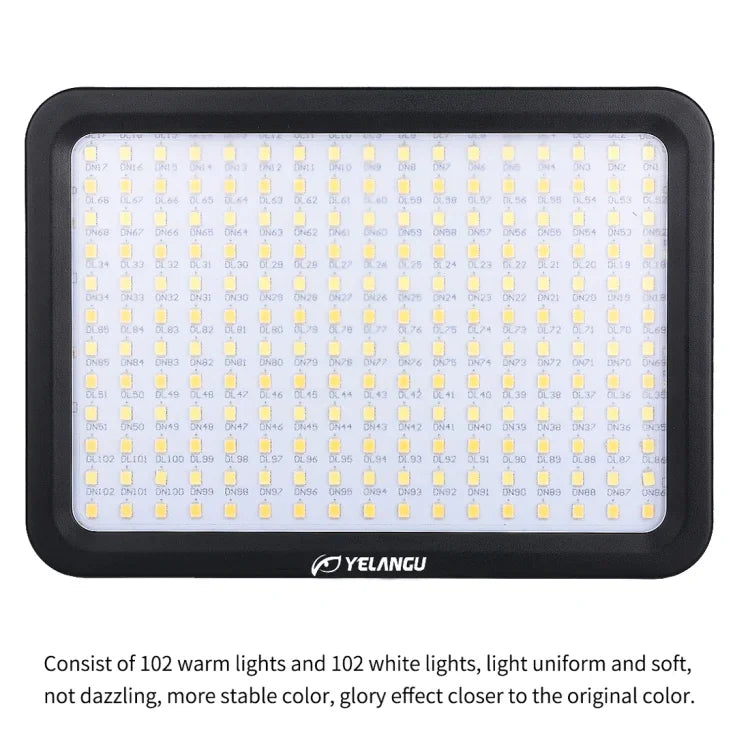 YELANGU YLG0504B 204 LEDs 1000LM 3300-5600K No Polar Dimmable Studio Light Video & Photo Light for Canon, Nikon, DSLR Cameras, 204 LEDs