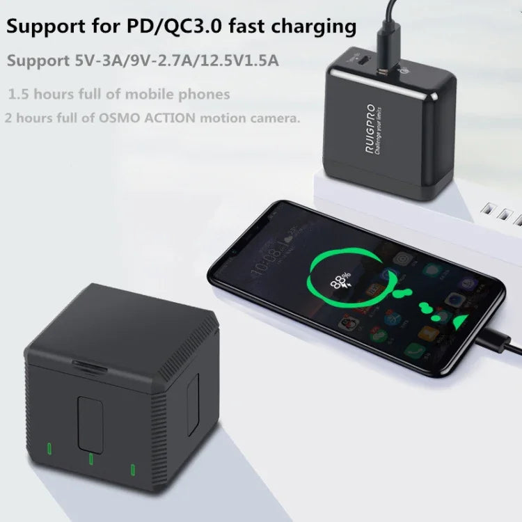 RUIGPRO USB Triple Batteries Housing Charger Box with LED Indicator Light for DJI OSMO Action 1, Charger Box