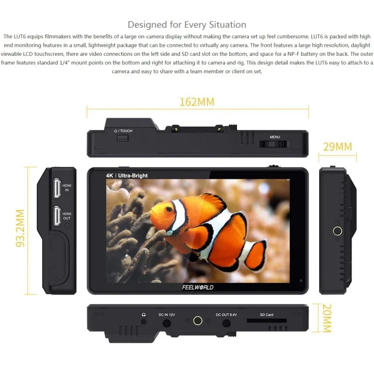 FEELWORLD LUT6 1920x1080 2600 nits 6 inch IPS Screen HDMI 4K Touch Control Camera Field Monitor, LUT6