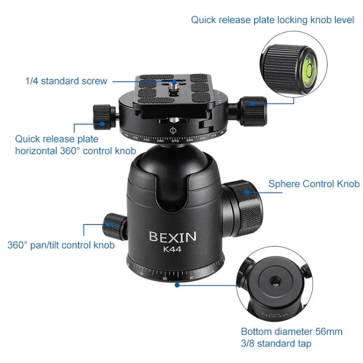 BEXIN RC294 Portable Collapsible Carbon Fiber Camera Tripod with K44 Panoramic BallHead, RC294+K44