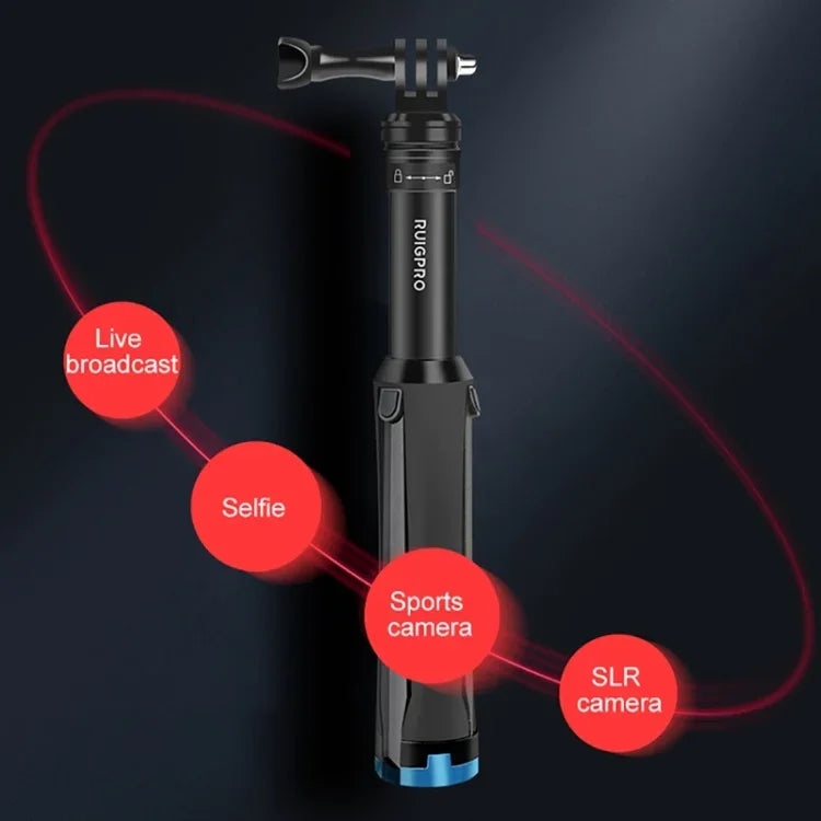 RUIGPRO One-piece Handheld Tripod Selfie Stick Telescopic Monopod Mount for GoPro, Insta360, DJI and Other Action Cameras, Black)