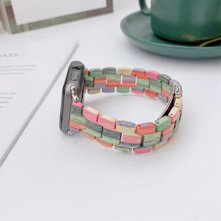 Wooden Bead Woven Watchband For Apple Watch Series 6 & SE & 5 & 4 44mm / 3 & 2 & 1 42mm, For Apple Watch Ultra 49mm / Series 8&7 45mm / SE 2&6&SE&5&4 44mm / 3&2&1 42mm