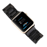 Wooden wrist strap for Apple Watch displayed on a smartwatch, showcasing its stylish design and compatible fit.