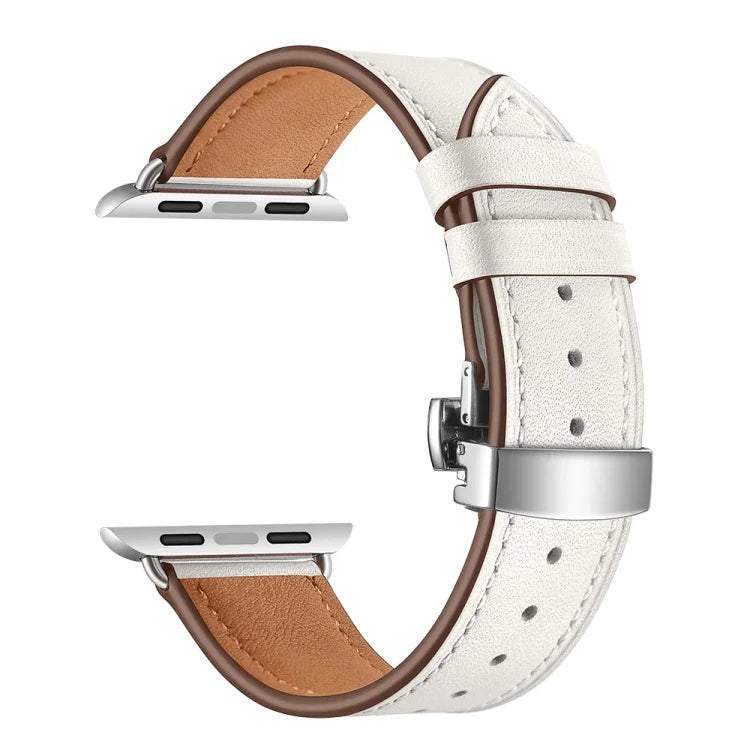 Genuine Leather + Butterfly Silver Buckle Replacement Watchbands For Apple Watch Series 6 & SE & 5 & 4 44mm / 3 & 2 & 1 42mm, Silver Buckle For Apple Watch Series 7 45mm / 6 & SE & 5 & 4 44mm / 3 & 2 & 1 42mm