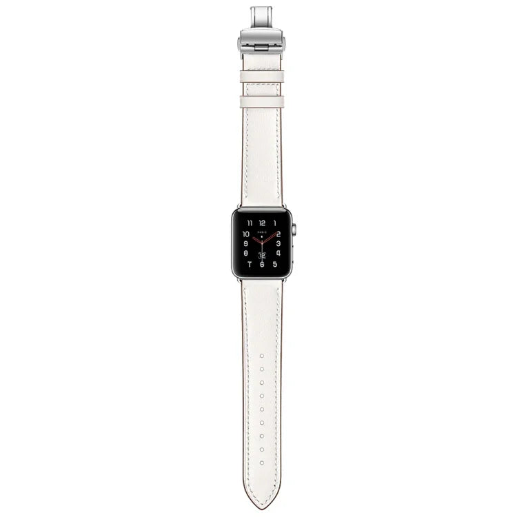 Genuine Leather + Butterfly Silver Buckle Replacement Watchbands For Apple Watch Series 6 & SE & 5 & 4 44mm / 3 & 2 & 1 42mm, Silver Buckle For Apple Watch Series 7 45mm / 6 & SE & 5 & 4 44mm / 3 & 2 & 1 42mm