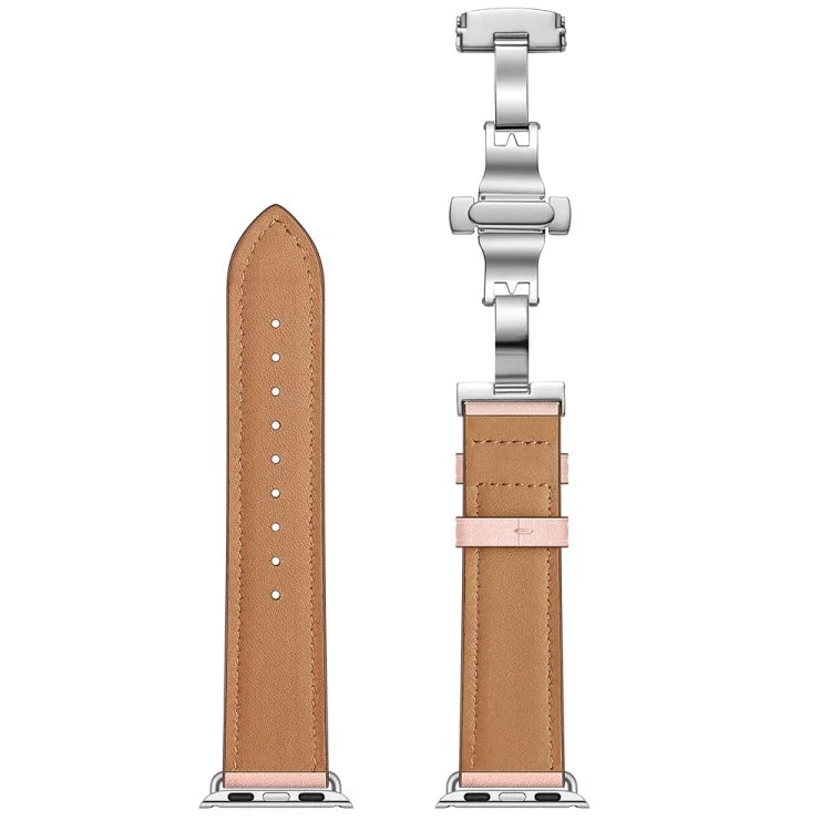 Genuine Leather + Butterfly Silver Buckle Replacement Watchbands For Apple Watch Series 6 & SE & 5 & 4 40mm / 3 & 2 & 1 38mm, Silver Buckle For Apple Watch Series 7 41mm / 6 & SE & 5 & 4 40mm / 3 & 2 & 1 38mm