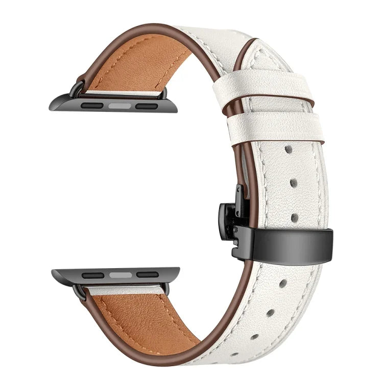 Genuine Leather + Butterfly Black Buckle Replacement Watchbands For Apple Watch Series 6 & SE & 5 & 4 44mm / 3 & 2 & 1 42mm, Black Buckle For Apple Watch Series 7 45mm / 6 & SE & 5 & 4 44mm / 3 & 2 & 1 42mm