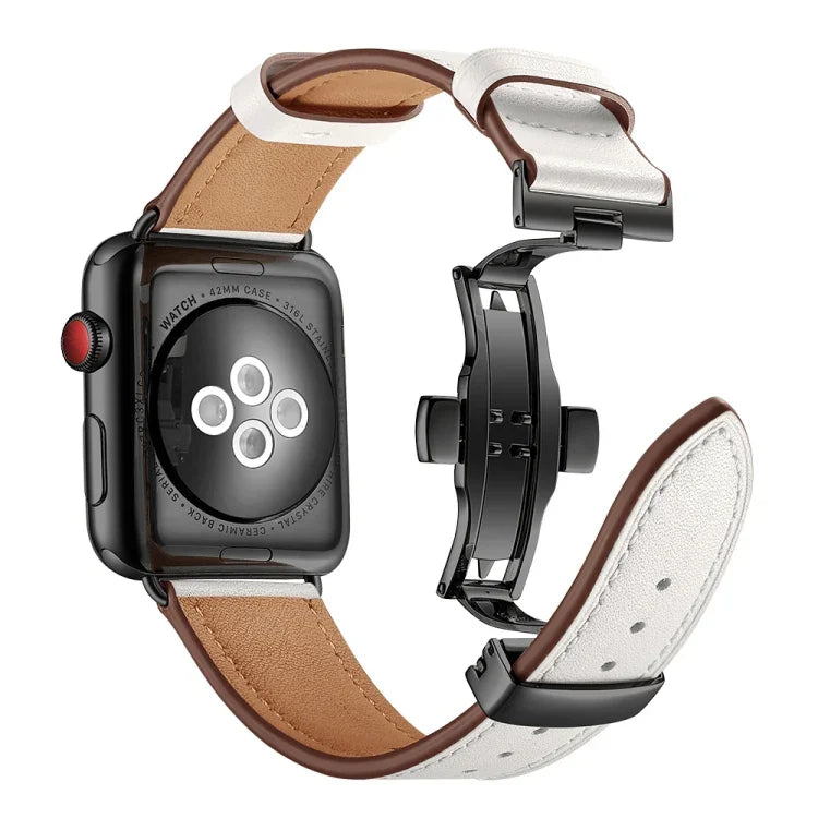 Genuine Leather + Butterfly Black Buckle Replacement Watchbands For Apple Watch Series 6 & SE & 5 & 4 40mm / 3 & 2 & 1 38mm, Black Buckle For Apple Watch Series 8&7 41mm / SE 2&6&SE&5&4 40mm / 3&2&1 38mm                                                 ...