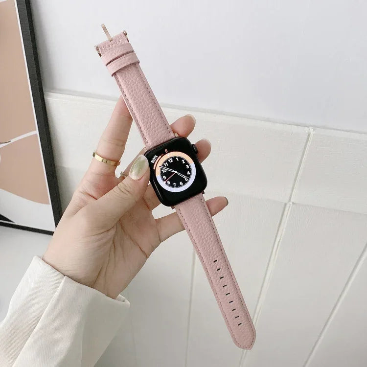 Sewing Thread Lychee Texture Leather Replacement Watchbands, For Apple Watch Ultra 49mm / Series 8&7 45mm / SE 2&6&SE&5&4 44mm / 3&2&1 42mm, For Series 7 41mm / 6 & SE & 5 & 4 40mm / 3 & 2 & 1 38mm