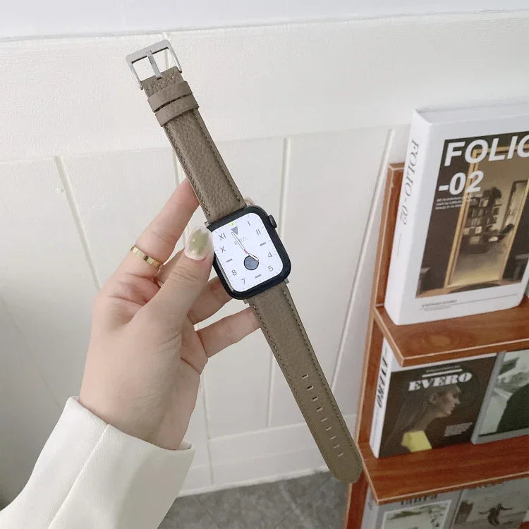 Sewing Thread Lychee Texture Leather Replacement Watchbands, For Apple Watch Ultra 49mm / Series 8&7 45mm / SE 2&6&SE&5&4 44mm / 3&2&1 42mm, For Series 7 41mm / 6 & SE & 5 & 4 40mm / 3 & 2 & 1 38mm