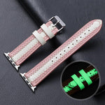 Luminous cowhide leather watch band in pink and white, adjustable and stylish for Apple Watch series.