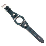 Leather replacement watchband for Apple Watch, adjustable strap in blue, compatible with multiple Apple Watch models.
