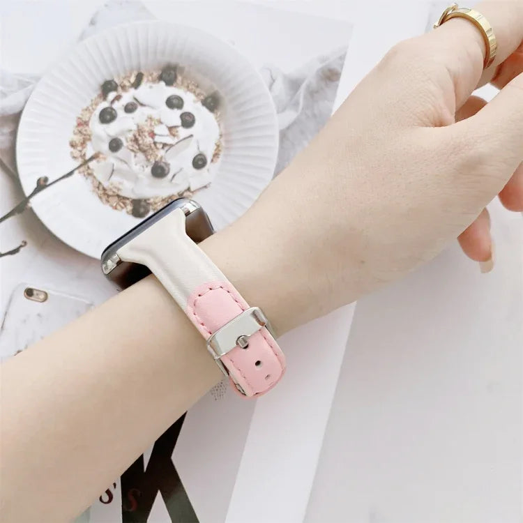 Small Waist Color Matching Leather Replacement Strap Watchband For Apple Watch Series, 7 41mm / 6 & SE & 5 & 4 40mm / 3 & 2 & 1 38mm, 7 45mm / 6 & SE & 5 & 4 44mm / 3 & 2 & 1 42mm