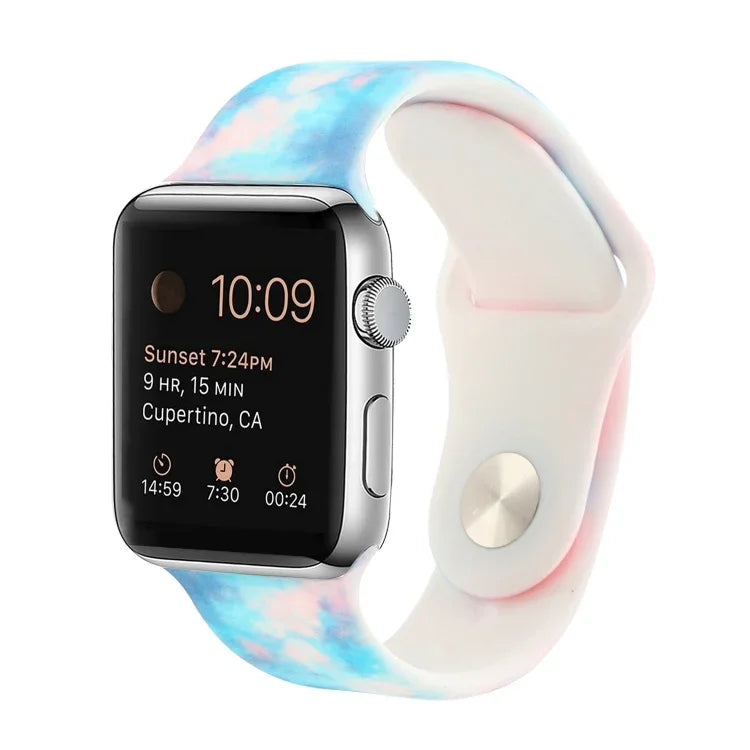 Silicone Painted Pattern Replacement Watchband For Apple Watch Series, 7 41mm / 6 & SE & 5 & 4 40mm / 3 & 2 & 1 38mm, 7 45mm / 6 & SE & 5 & 4 44mm / 3 & 2 & 1 42mm