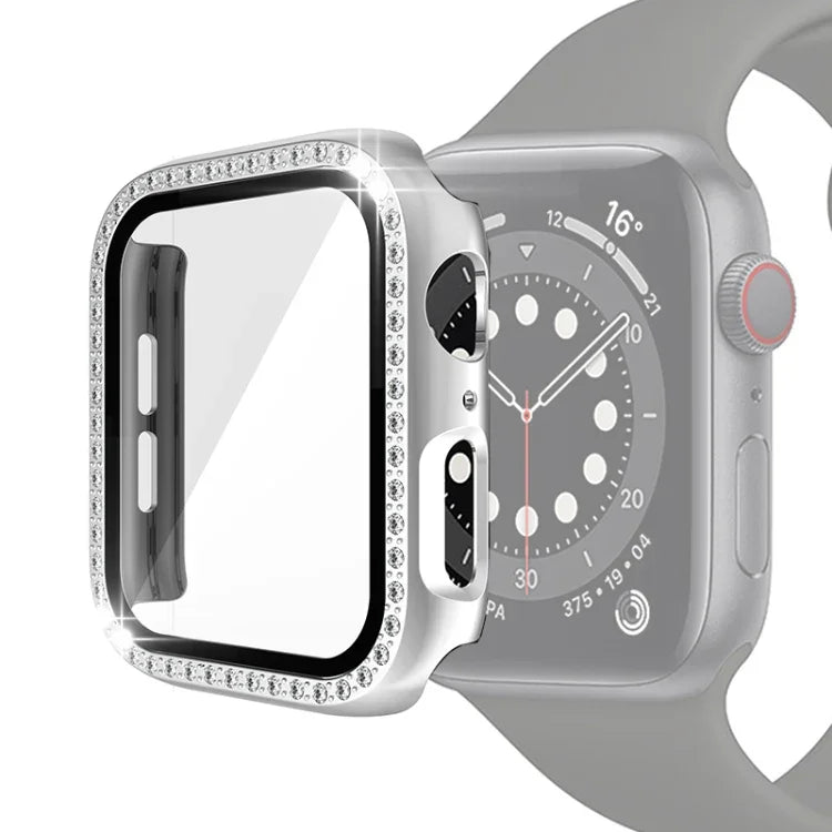Electroplating PC Single Row Diamond Protective Case with Tempered Glass Film For Apple Watch Series, 3 & 2 & 1 38mm, 3 & 2 & 1 42mm
