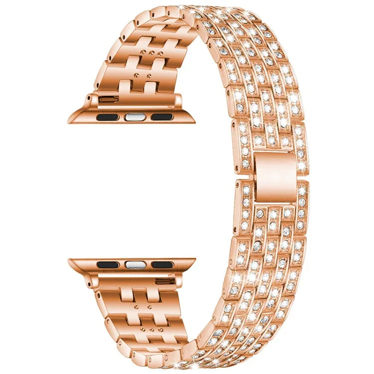 Five-beads Diamond Steel Replacement Strap Watchband For Apple Watch Series, 7 41mm / 6 & SE & 5 & 4 40mm / 3 & 2 & 1 38mm, 7 45mm / 6 & SE & 5 & 4 44mm / 3 & 2 & 1 42mm