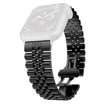 stainless steel replacement watchband for Apple Watch in black, stylish design, adjustable length, compatible with various Apple Watch models.