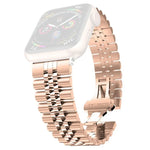 Women stainless steel replacement watchband for Apple Watch in rose gold, 20mm width, compatible with multiple Apple Watch sizes.