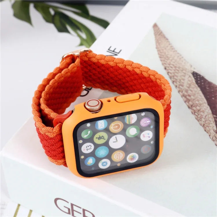 Adjustable Striped Woven Nylon Watchband + Watch Case Set For Apple Watch Series, 7 41mm/6&SE&5&4 40mm/3&2&1 38mm, 7 45mm/6&SE&5&4 44mm/3&2&1 42mm
