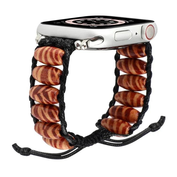 Wooden Bead Watchband For Apple Watch Series, 7 41mm / 6&SE&5&4 40mm / 3&2&1 38mm, 7 45mm / 6&SE&5&4 44mm / 3&2&1 42mm