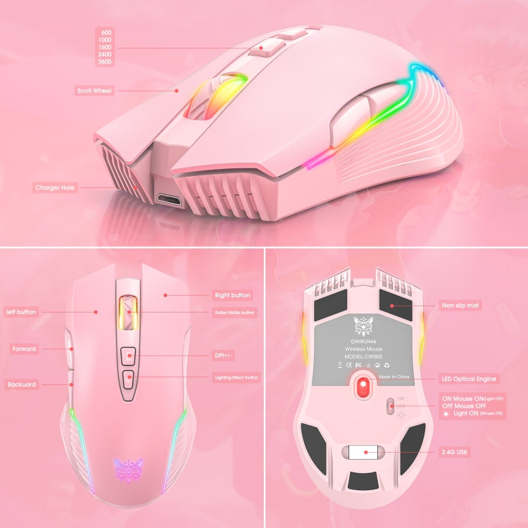 ONIKUMA CW905 2.4G RGB Lighting Wireless Mouse, CW905 Wireless Mouse(Pink), CW905 Wireless Mouse (Grey White), CW905 Wireless Mouse(Black)