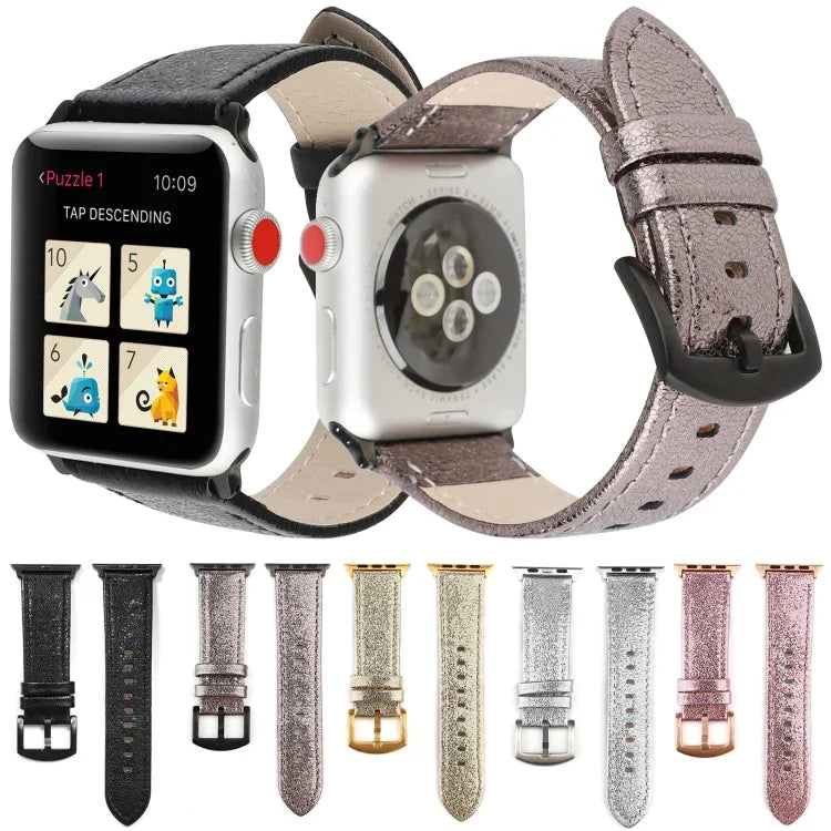 Glitter Genuine Leather Watch Band For Apple Watch Series, 7 41mm / 6&SE&5&4 40mm / 3&2&1 38mm, 7 45mm / 6&SE&5&4 44mm / 3&2&1 42mm