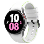 Silicone watch band for Samsung Galaxy on a smartwatch, featuring a white strap with stylish design and adjustable fit.