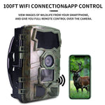 4K hunting trail camera with WiFi showcasing 100ft WiFi connection and app control features.