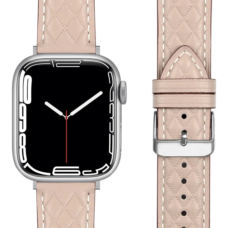 Rhombus Pattern Genuine Leather Watch Band For Apple Watch Series 8&7 45mm / SE 2&6&SE&5&4 44mm / 3&2&1 42mm, For Apple Watch Series 8&7 45mm / SE 2&6&SE&5&4 44mm / 3&2&1 42mm