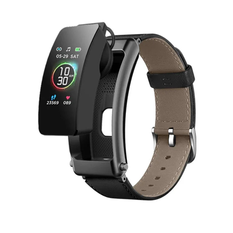 K50+ 0.96 inch Leather Band Earphone Detachable Life Waterproof Smart Watch Support Bluetooth Call, Leather Band (Black)