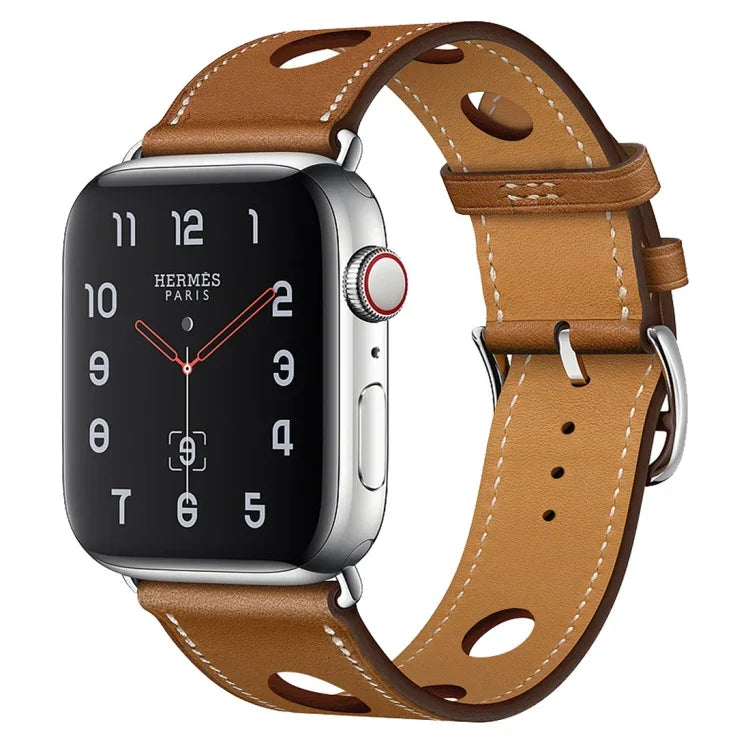 Leather Three Holes Replacement Strap Watchband, For Apple Watch Series 8&7 41mm / SE 2&6&SE&5&4 40mm / 3&2&1 38mm, For Apple Watch Series 7 45mm / 6 & SE & 5 & 4 44mm / 3 & 2 & 1 42mm, For Apple Watch Series 7 41mm / 6 & SE & 5 & 4 40mm / 3 & 2 & 1 38...