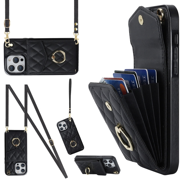 Rhombic Texture Card Bag Phone Case with Long Lanyard, For iPhone 15 Pro, For iPhone 15 Plus, For iPhone 15, For iPhone 14 Plus, For iPhone 14, For iPhone 14 Pro