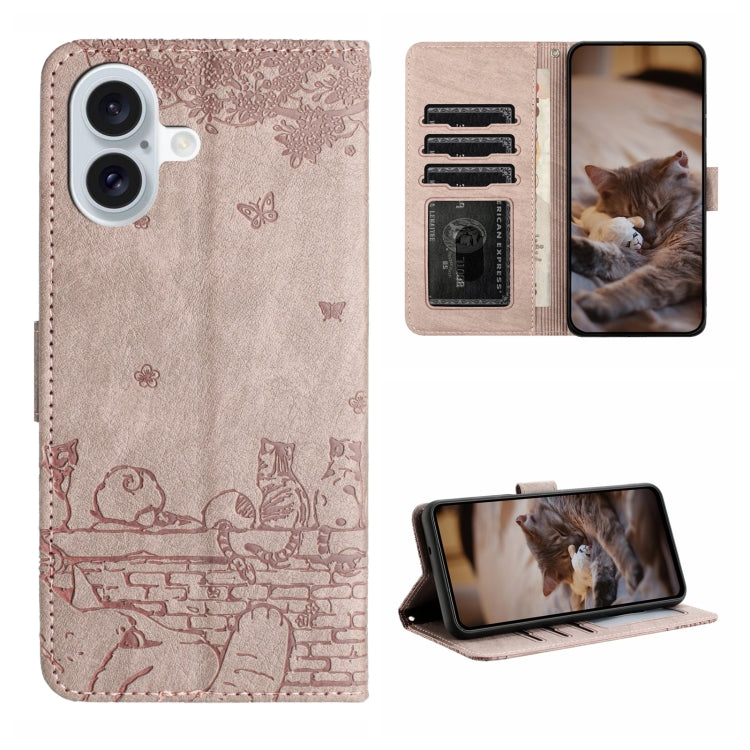 Cat Embossing Pattern Leather Phone Case with Lanyard, For iPhone 16e / 17e, For iPhone 17 Pro Max, For iPhone 17 Pro, For iPhone 17, For iPhone Air, For iPhone 16 Pro Max, For iPhone 16 Pro, For iPhone 16 Plus, For iPhone 16