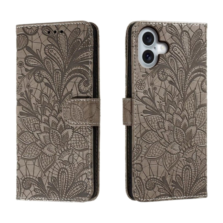 Lace Flower Embossing Flip Leather Phone Case, For iPhone 17e / 16e, For iPhone 17 Pro Max, For iPhone 17 Pro, For iPhone 17, For iPhone Air, For iPhone 16 Pro Max, For iPhone 16 Pro, For iPhone 16 Plus