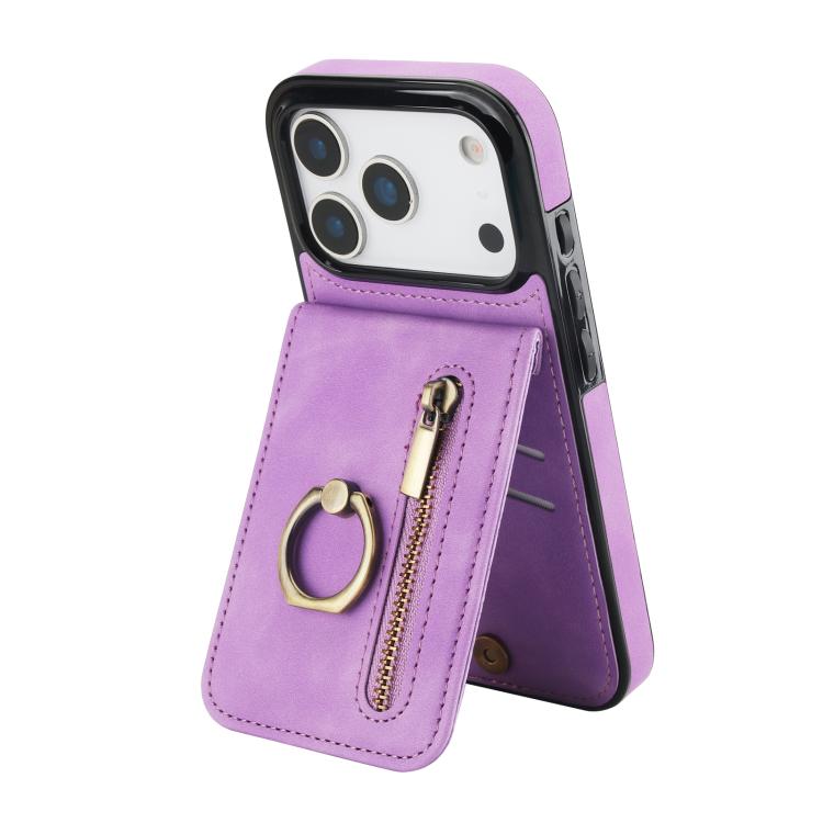 Retro Ring and Zipper RFID Card Slot Phone Case, For iPhone 17e / 16e, For iPhone 17 Pro Max, For iPhone 17 Pro, For iPhone 17, For iPhone Air, For iPhone 16 Pro Max