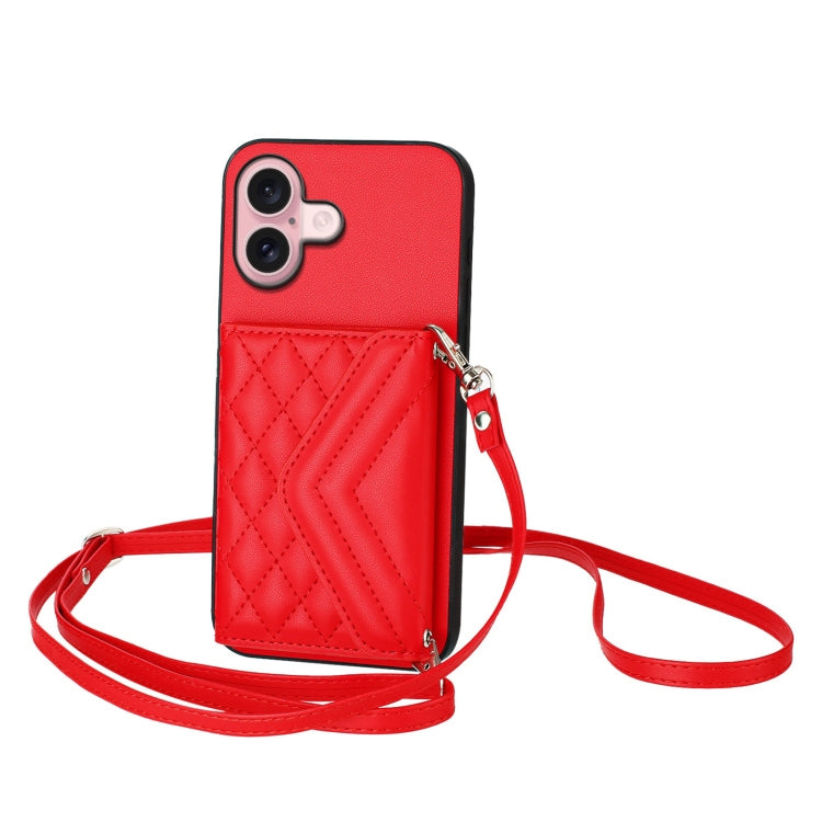 Rhombic Texture Card Bag RFID Phone Case with Long Lanyard, For iPhone 17 Pro Max, For iPhone 17 Pro, For iPhone 17, For iPhone Air, For iPhone 16 Pro Max, For iPhone 16 Pro, For iPhone 16 Plus, For iPhone 16