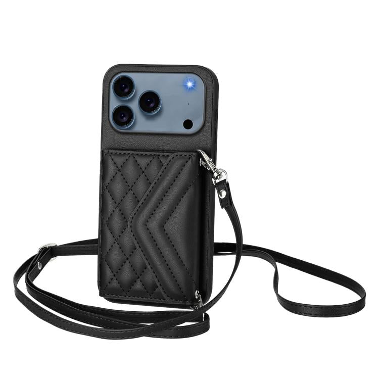 Rhombic Texture Card Bag RFID Phone Case with Long Lanyard, For iPhone 17 Pro Max, For iPhone 17 Pro, For iPhone 17, For iPhone Air, For iPhone 16 Pro Max, For iPhone 16 Pro, For iPhone 16 Plus, For iPhone 16
