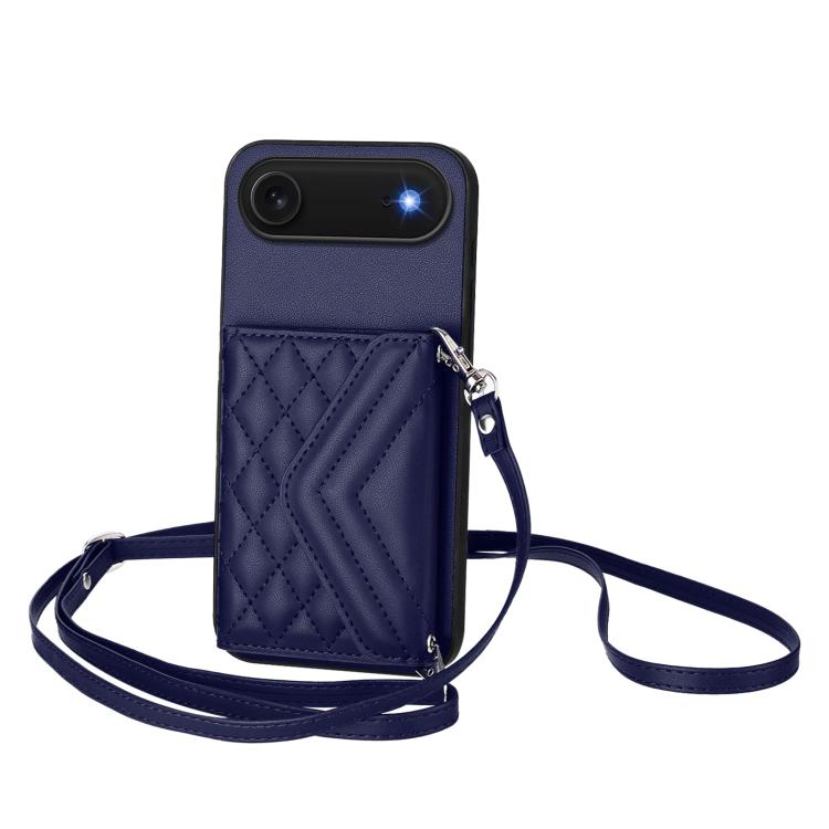 Rhombic Texture Card Bag RFID Phone Case with Long Lanyard, For iPhone 17 Pro Max, For iPhone 17 Pro, For iPhone 17, For iPhone Air, For iPhone 16 Pro Max, For iPhone 16 Pro, For iPhone 16 Plus, For iPhone 16