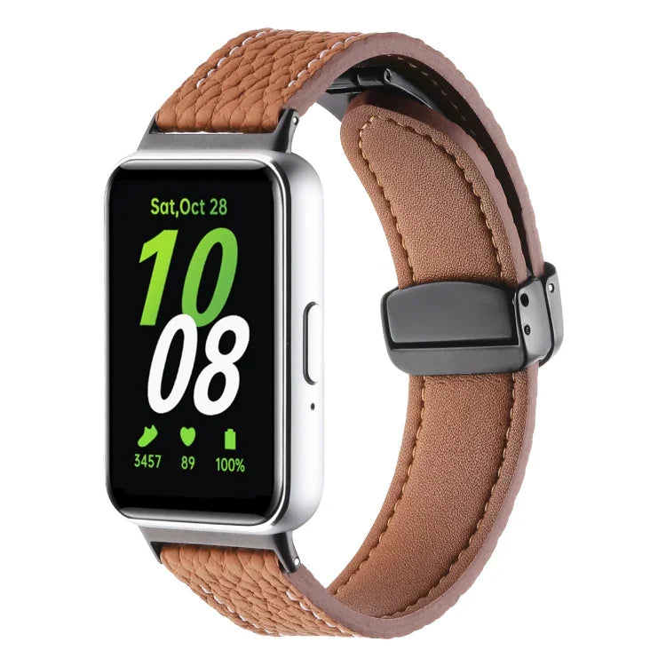 Litchi Texture Magnetic Black Buckle Leather Watch Band, For Samsung Galaxy Fit 3