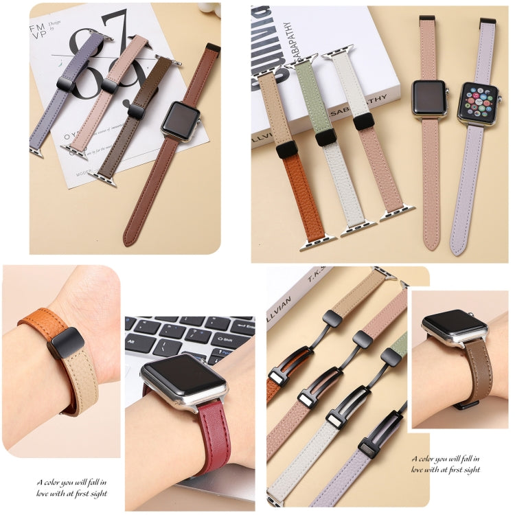 Slim Magnetic Buckle Genuine Leather Watch Band, For Apple Watch Series 9 41mm