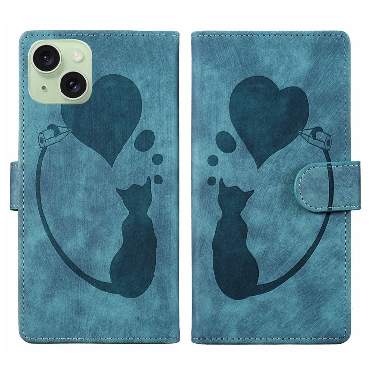 Pen Heart Cat Embossed Leather Phone Case, For iPhone 17 Pro Max, For iPhone 17 Pro, For iPhone 17, For iPhone Air, For iPhone 15 Pro Max, For iPhone 15 Pro, For iPhone 15 Plus, For iPhone 15