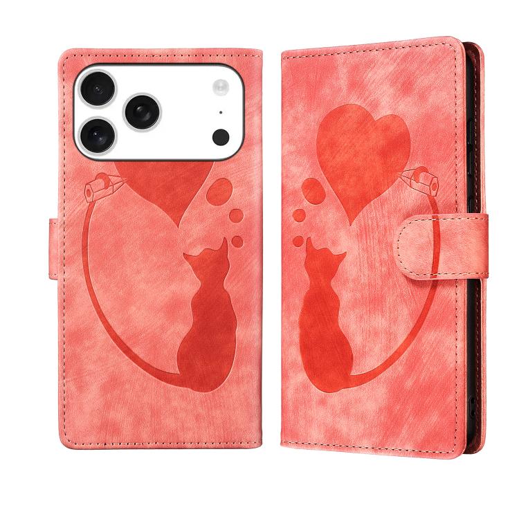 Pen Heart Cat Embossed Leather Phone Case, For iPhone 18 Pro / 17 Pro, For iPhone 18 Pro Max / 17 Pro Max, For iPhone 17, For iPhone 17 Air, For iPhone 15 Pro Max, For iPhone 15 Pro, For iPhone 15 Plus, For iPhone 15